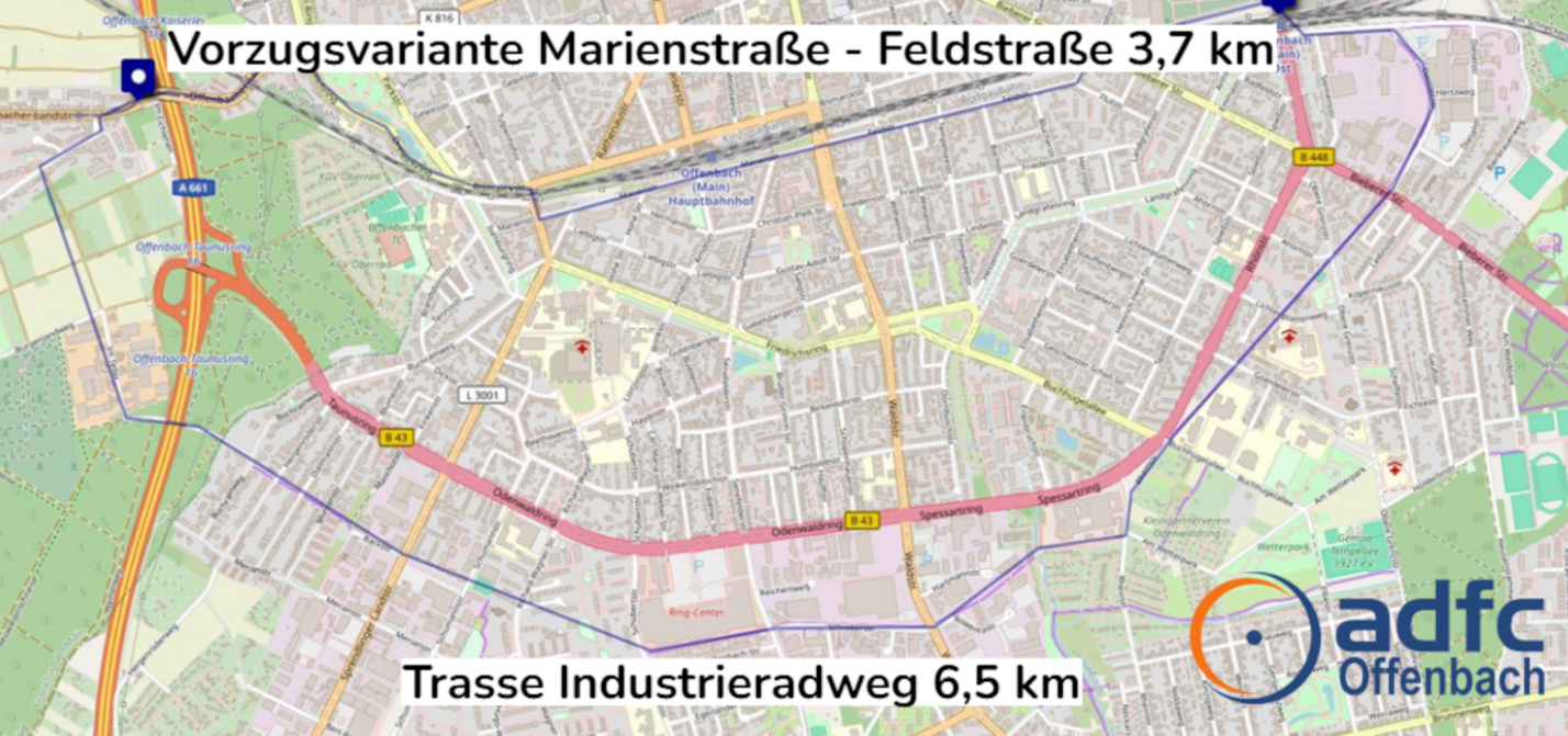 Auf dem Bild die 2 Trassen des Radschnellwegs FRM8 durch Offenbach