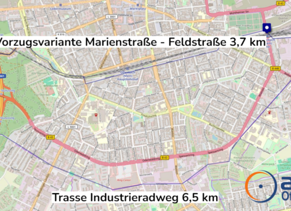 Auf dem Bild die 2 Trassen des Radschnellwegs FRM8 durch Offenbach